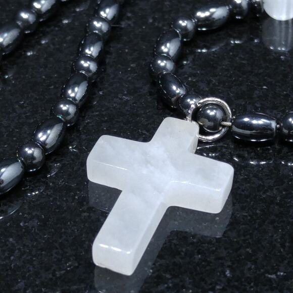 Cross Beaded Necklace, Gemstone Beads Cross, 19 Inches, Magnetic Clasp - Picture 3 of 8